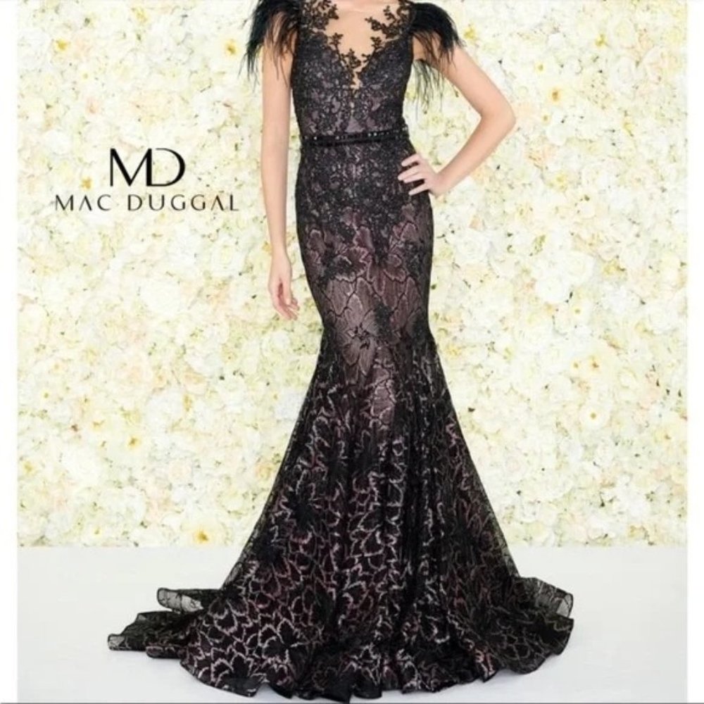 MAC DUGGAL 79230 Black Feather Mermaid Sequin Maxi Evening Gown Dress Size 4